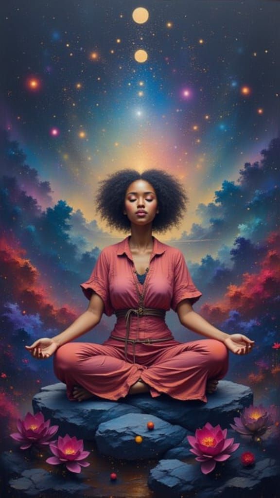 Nigerian Woman Meditating in Cosmic Nebula as Oil Painting