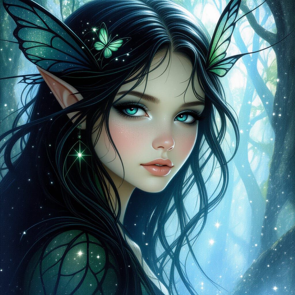 Mystic Dark Fairy in Wood: Airbrush Art Illustration
