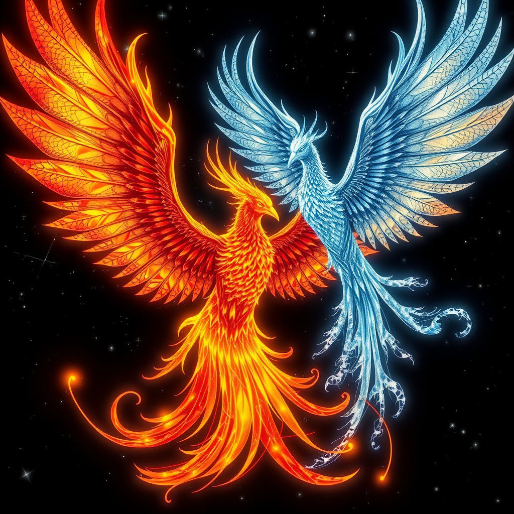 Fire and Ice Phoenixes Soaring in Starry Night