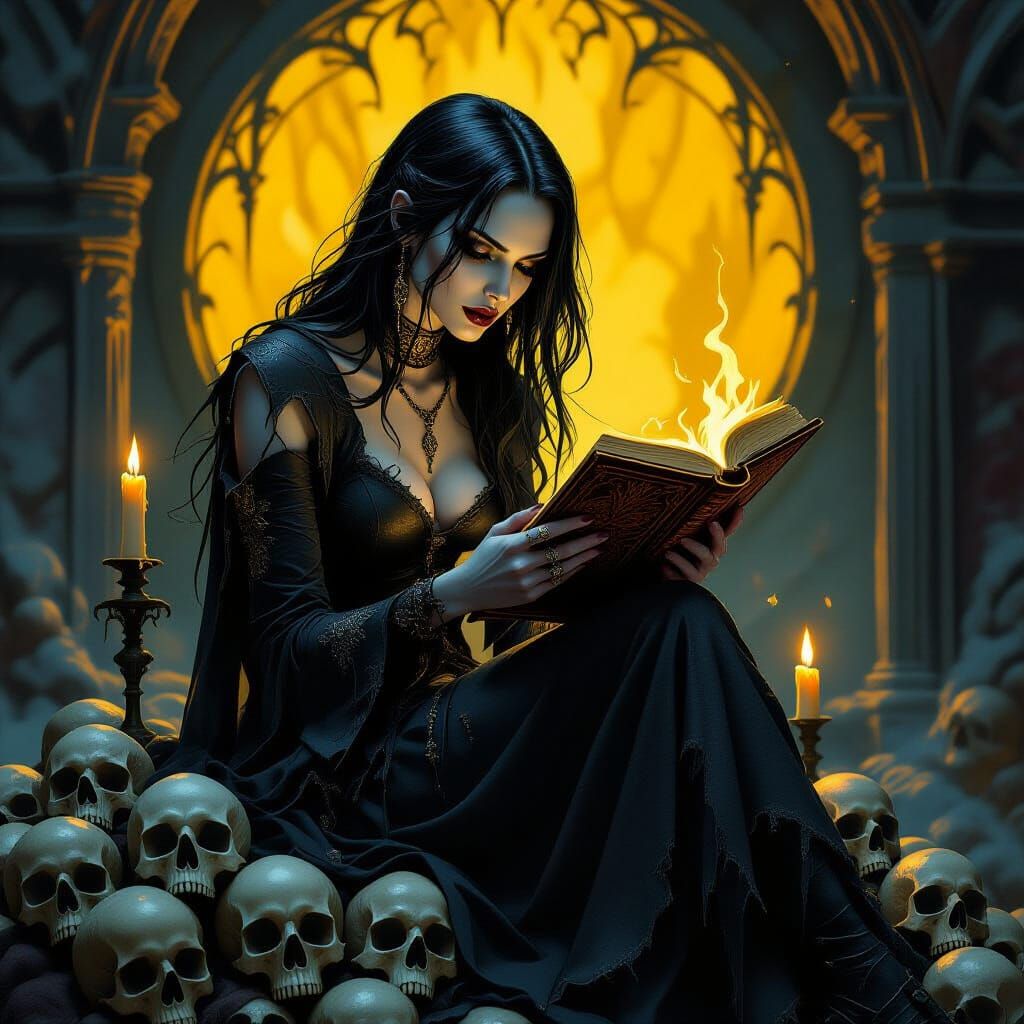 Gaunt Woman Reading by Candlelight in Dark Fantasy Style