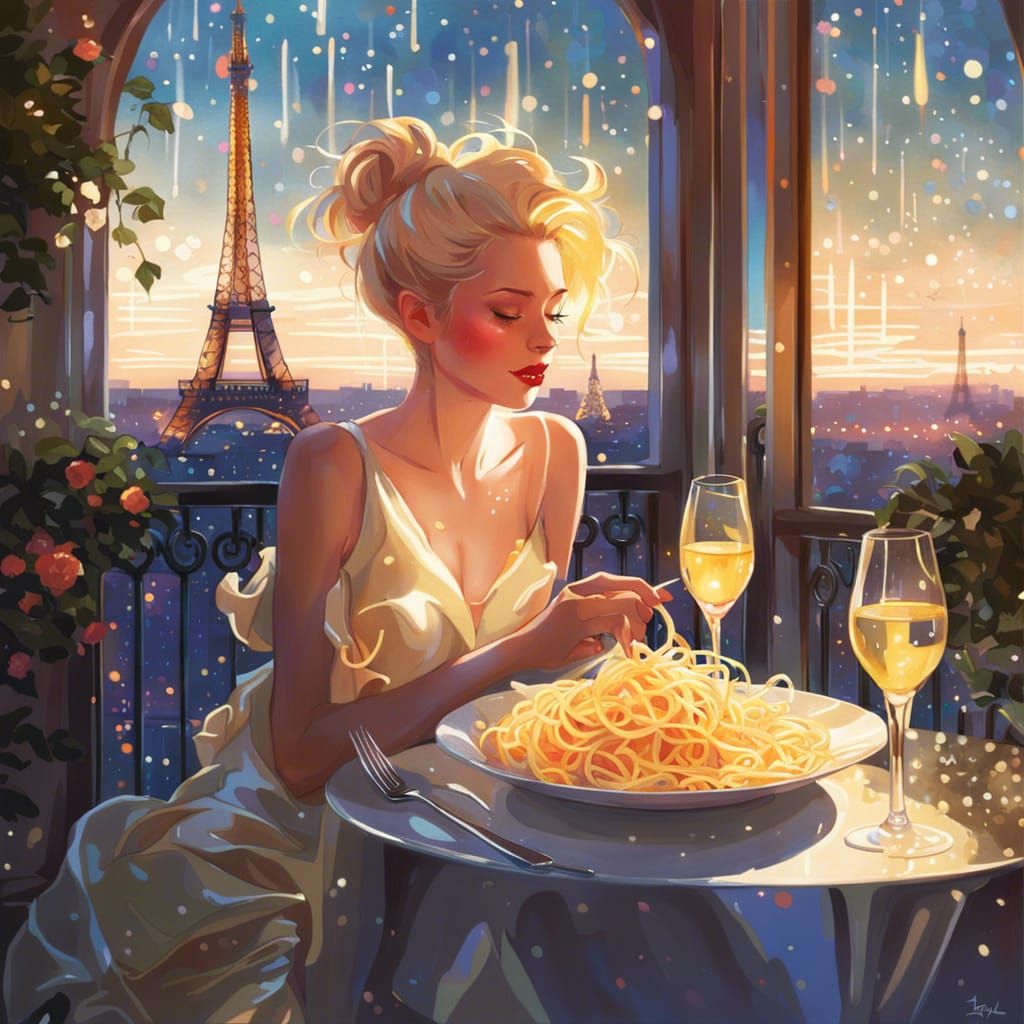 Dreamy Parisian Balcony Dinner in Digital Painting Style