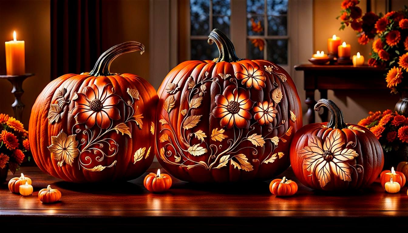 Autumnal Floral Pumpkins in 3D Digital Art