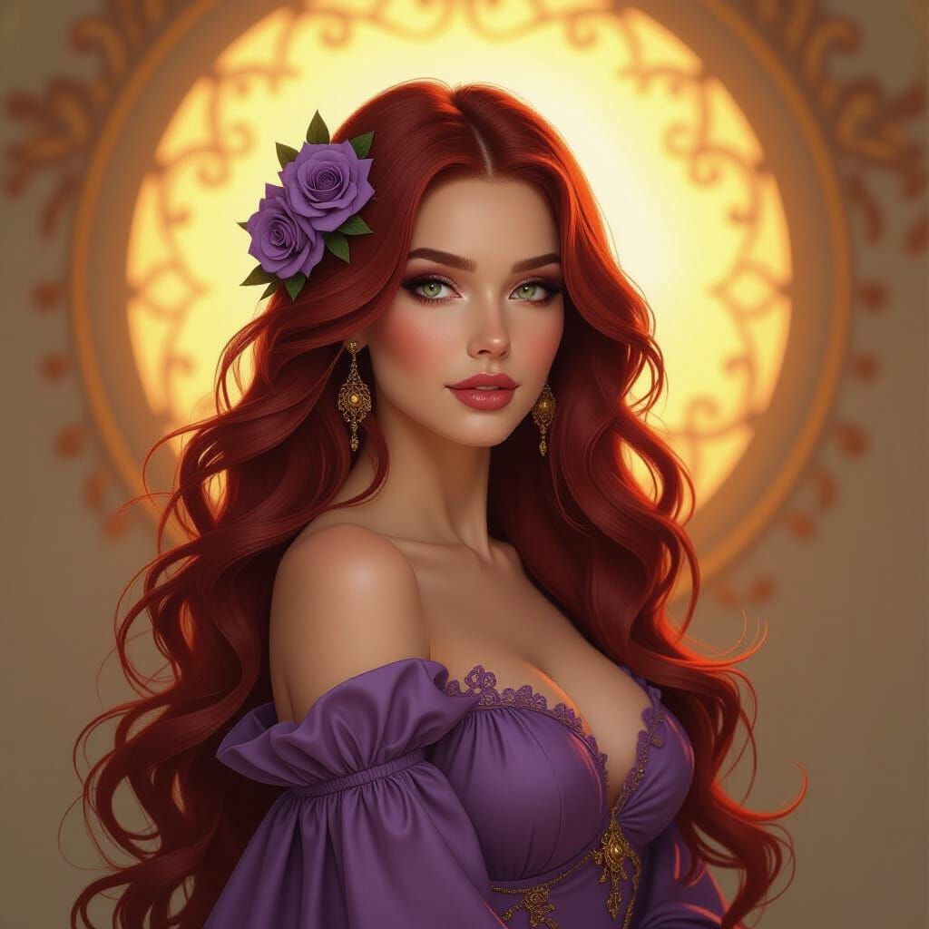 A striking portrait of a woman with long, flowing red hair a...