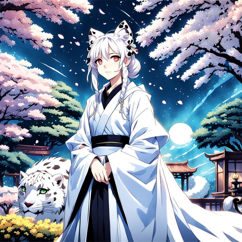 Anime Girl with Leopard Features in Cherry Garden