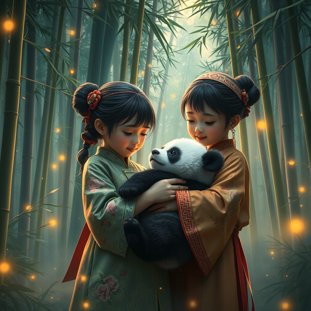 Children Cherish Baby Panda in Enchanted Bamboo Forest