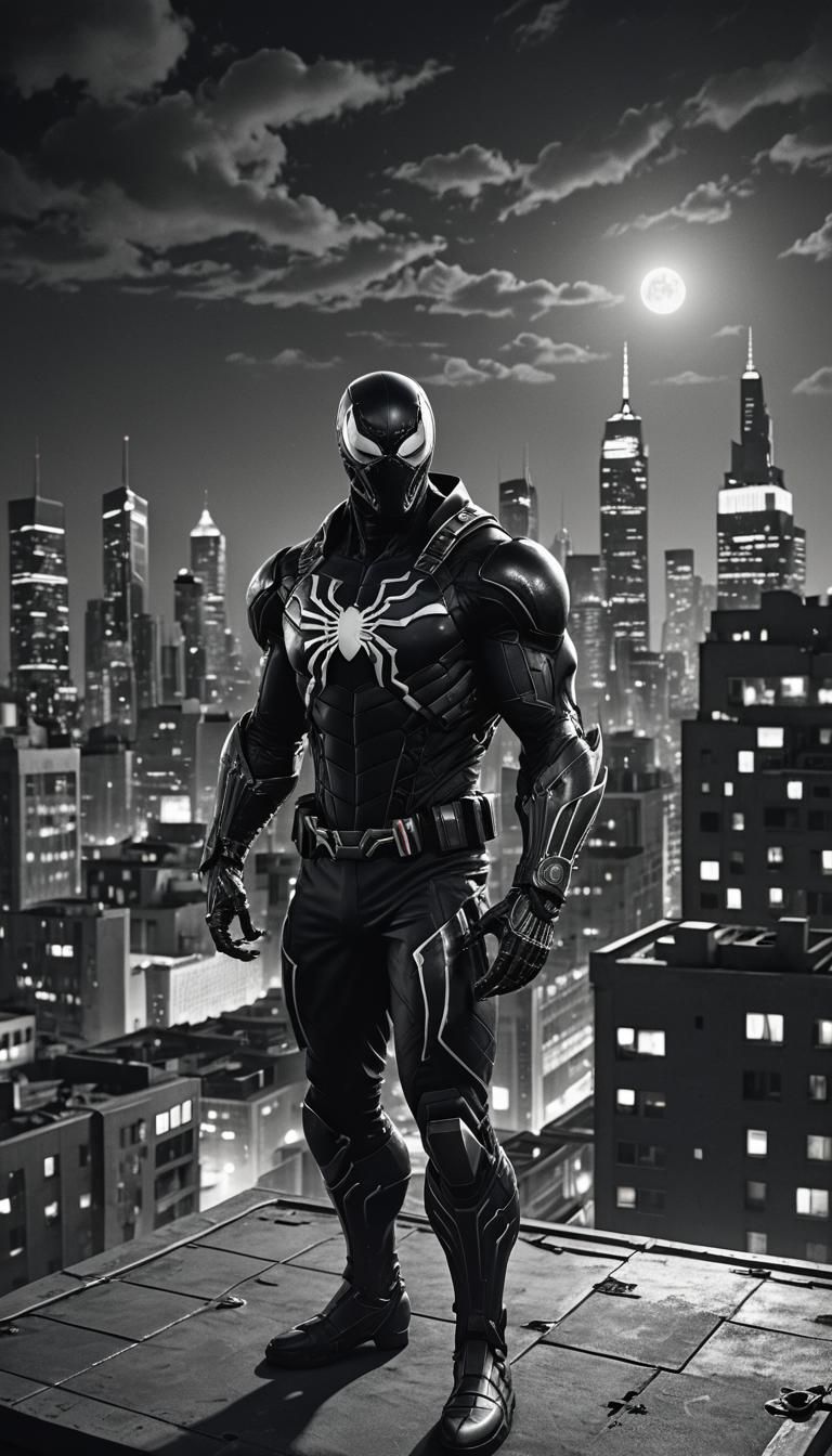 Agent Venom on City Rooftop: Detailed Matte Painting