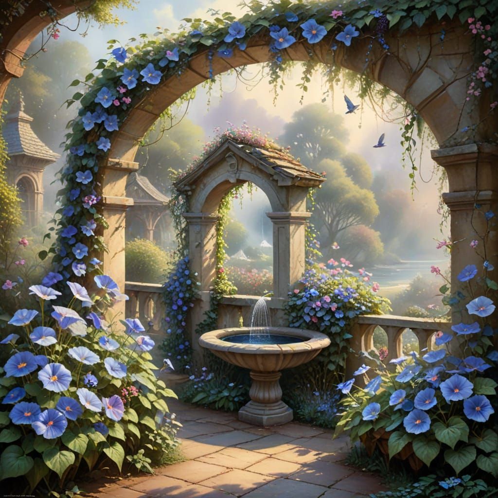Morning Glories on Garden Arch in Ethereal Mist