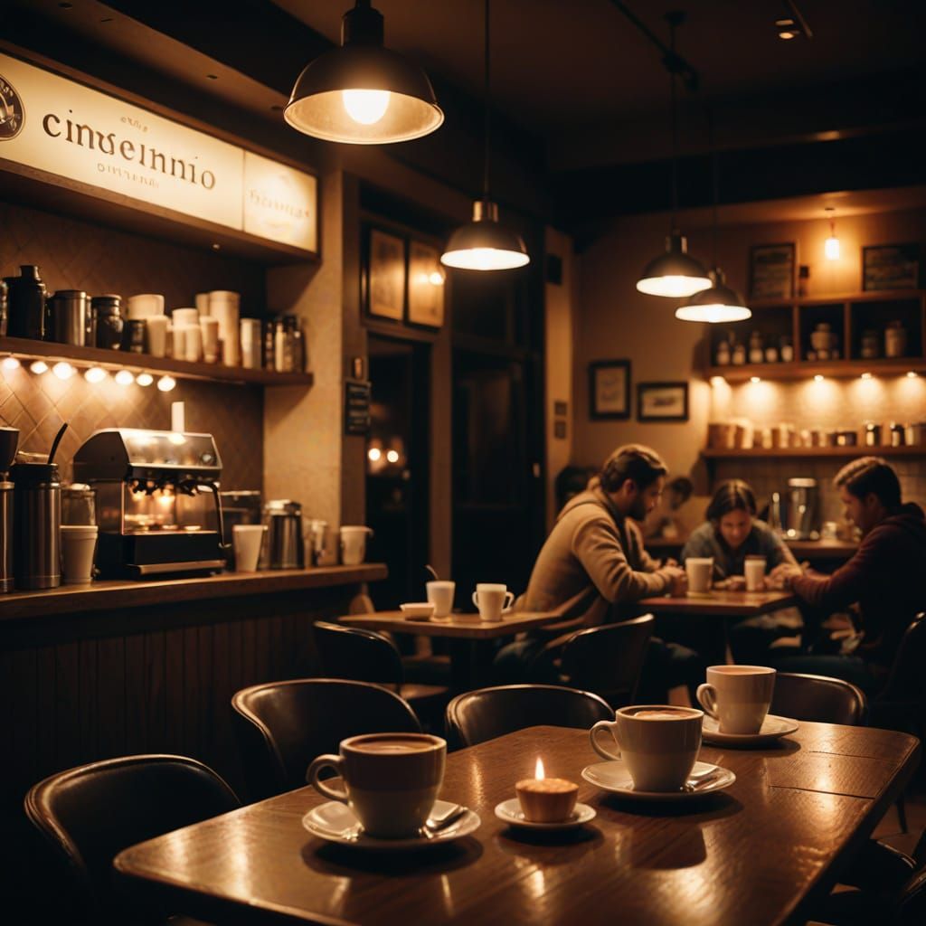 Cozy Nighttime Coffee Shop Scene in Cinematic Style