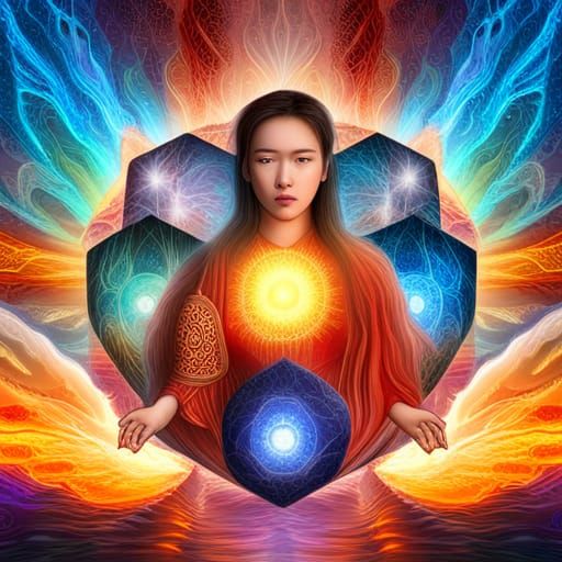 Titans of the Five Elements: Cosmic Holographic Illustration