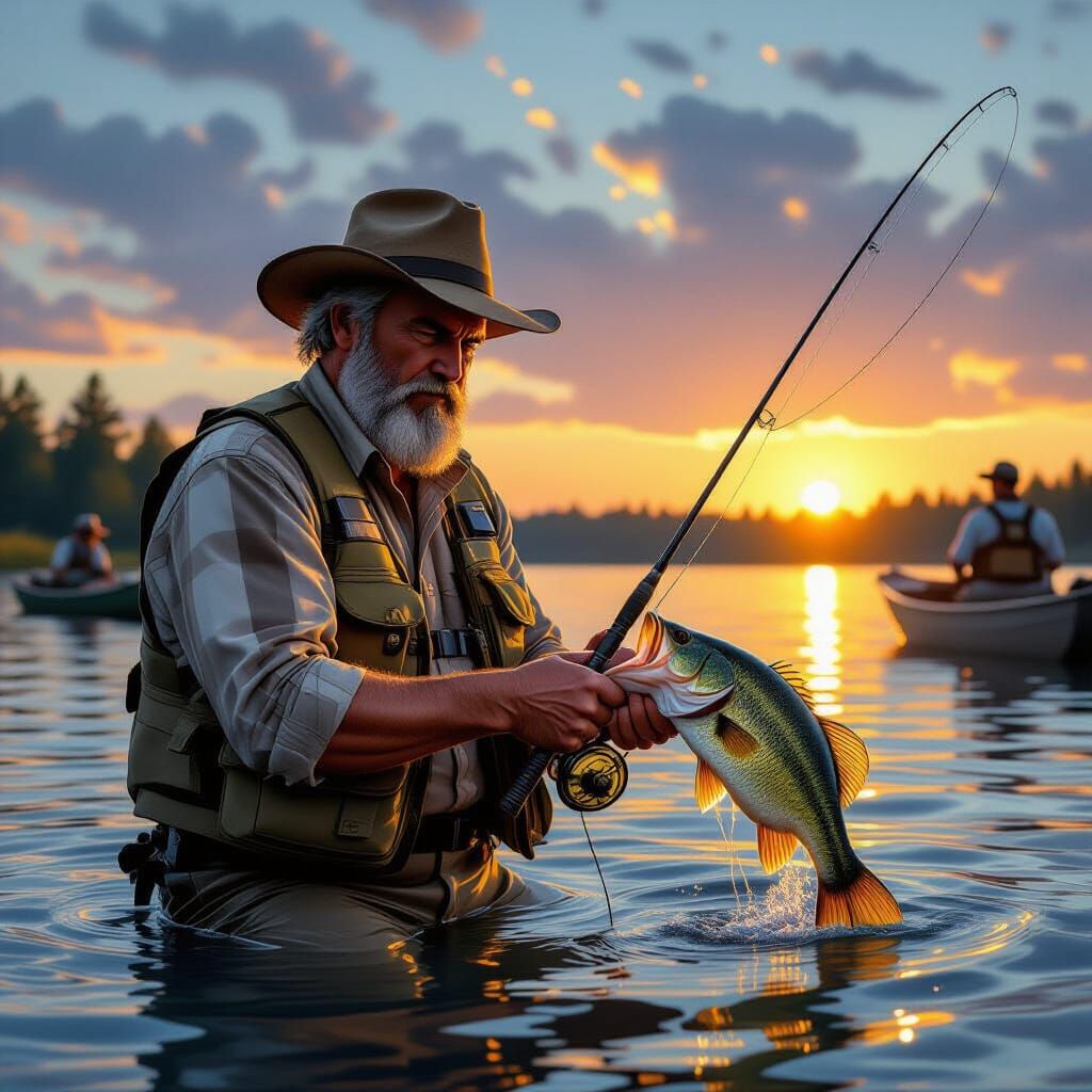 Fisherman Reels In Bass at Sunrise Fishing Competition