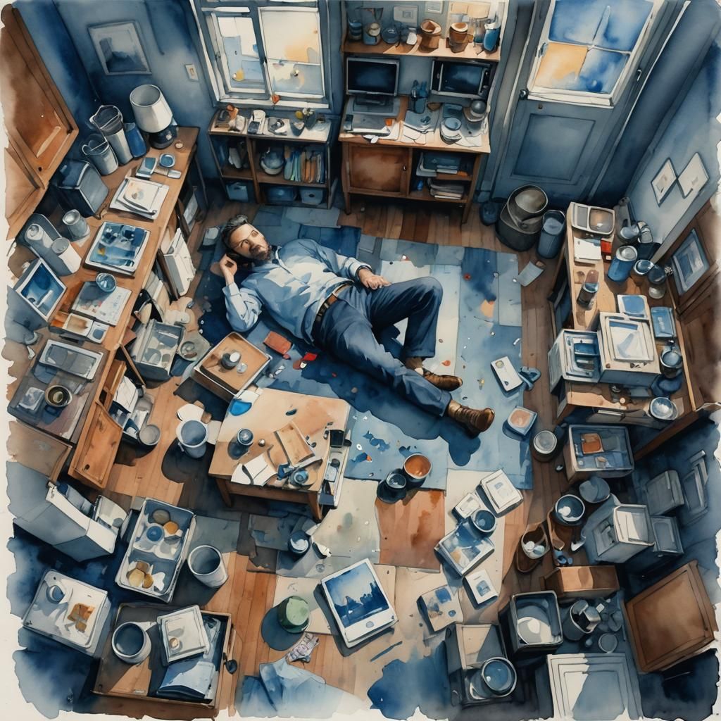 Man Lying on Floor in Watercolour Painting