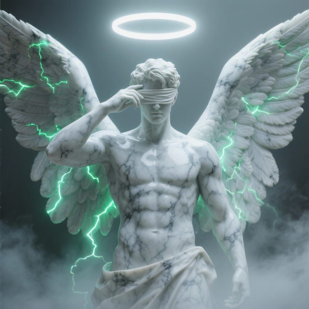 Marble Angel Statue with Blindfold in Cyber-Fantasy Style