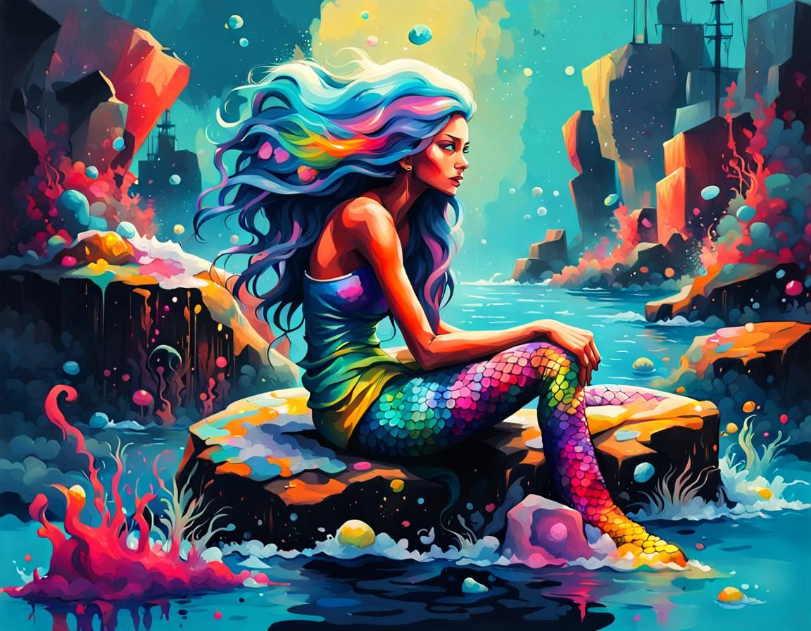 Colorful Siren Mermaid in Graffiti Art Style
