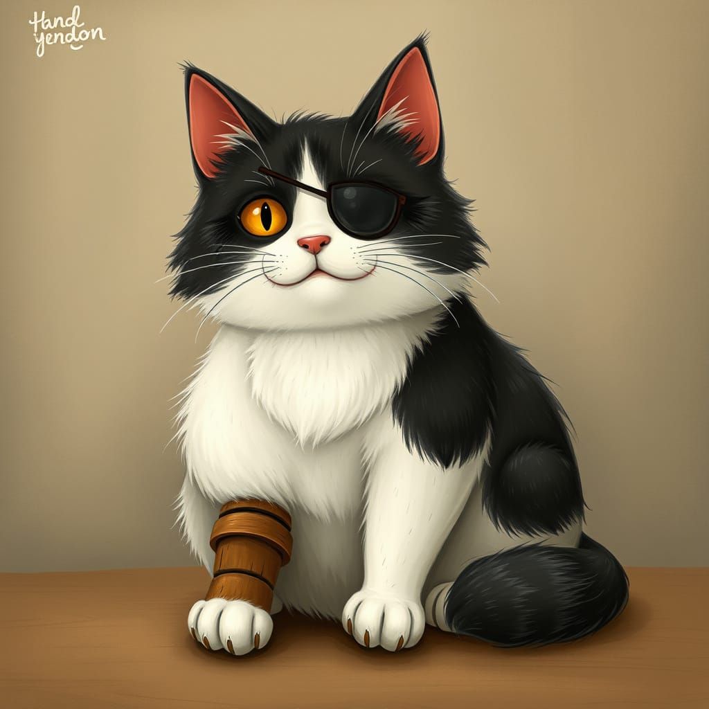 Chubby Kitty Cat with Wooden Leg and Eye Patch
