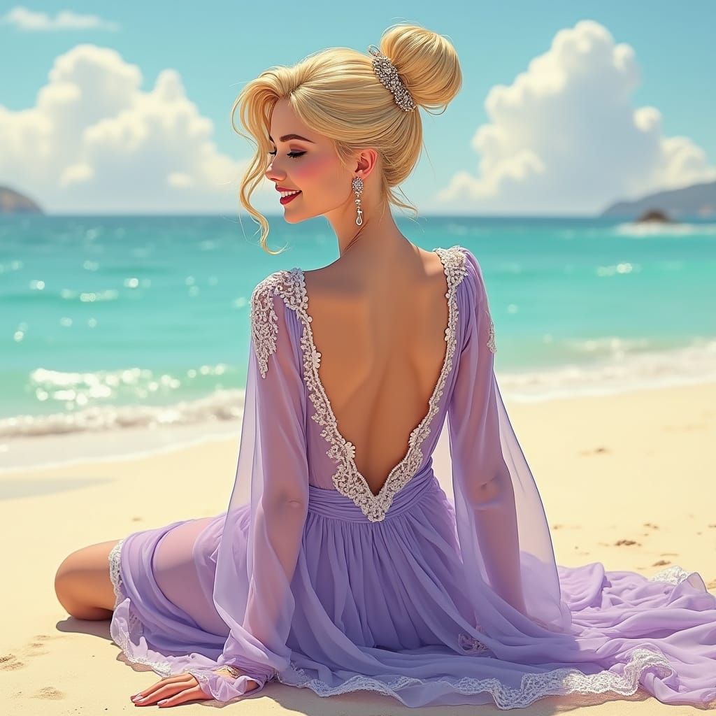 Elegant Woman on Beach in Art Nouveau Style