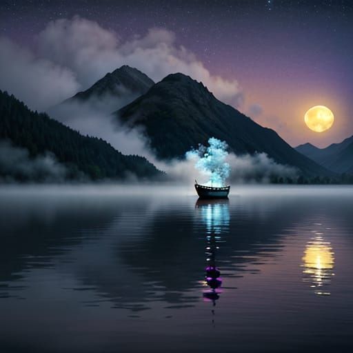 Mysterious Moonlit Lake With Boat in 5D