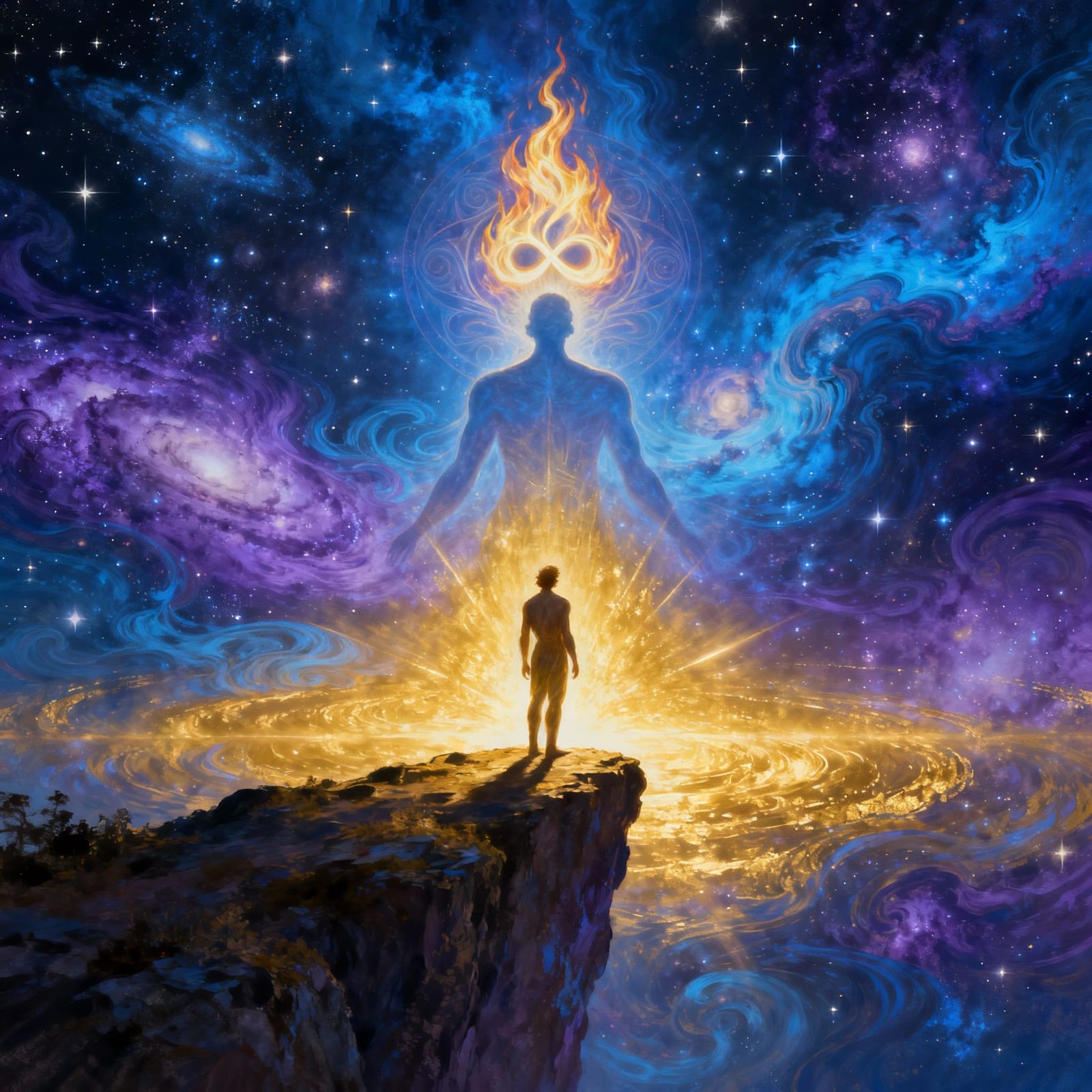 Cosmic Visionary Art: Divine Flame and Infinite Stars