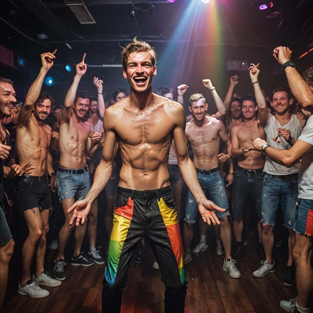 Shirtless Man Dancing in Rainbow Club