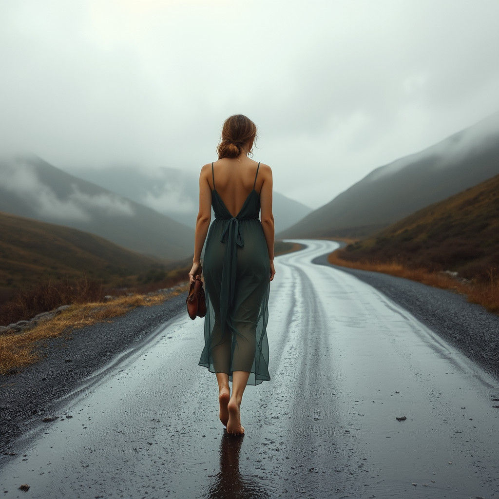 Woman Walks on Rainy Road in Romantic Style