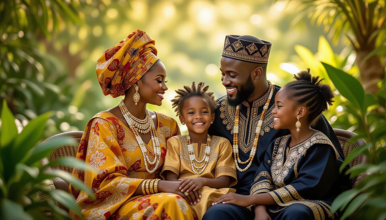 Regal African Family in Lush Garden Portrait