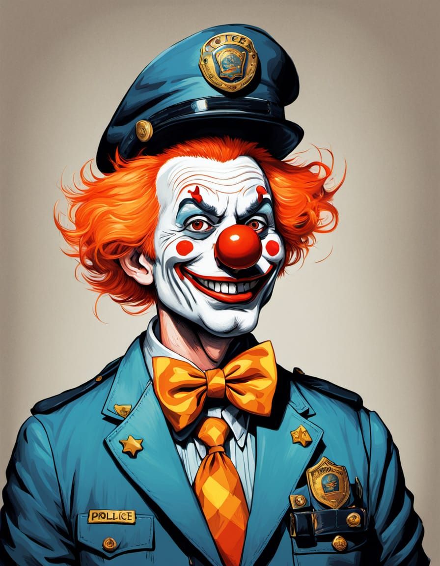 Whimsical Police Officer Clown in Bright Orange Wig