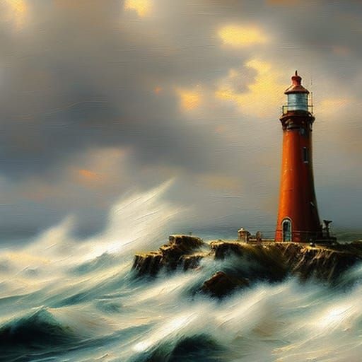 Lighthouse in Stormy Sea Oil Painting