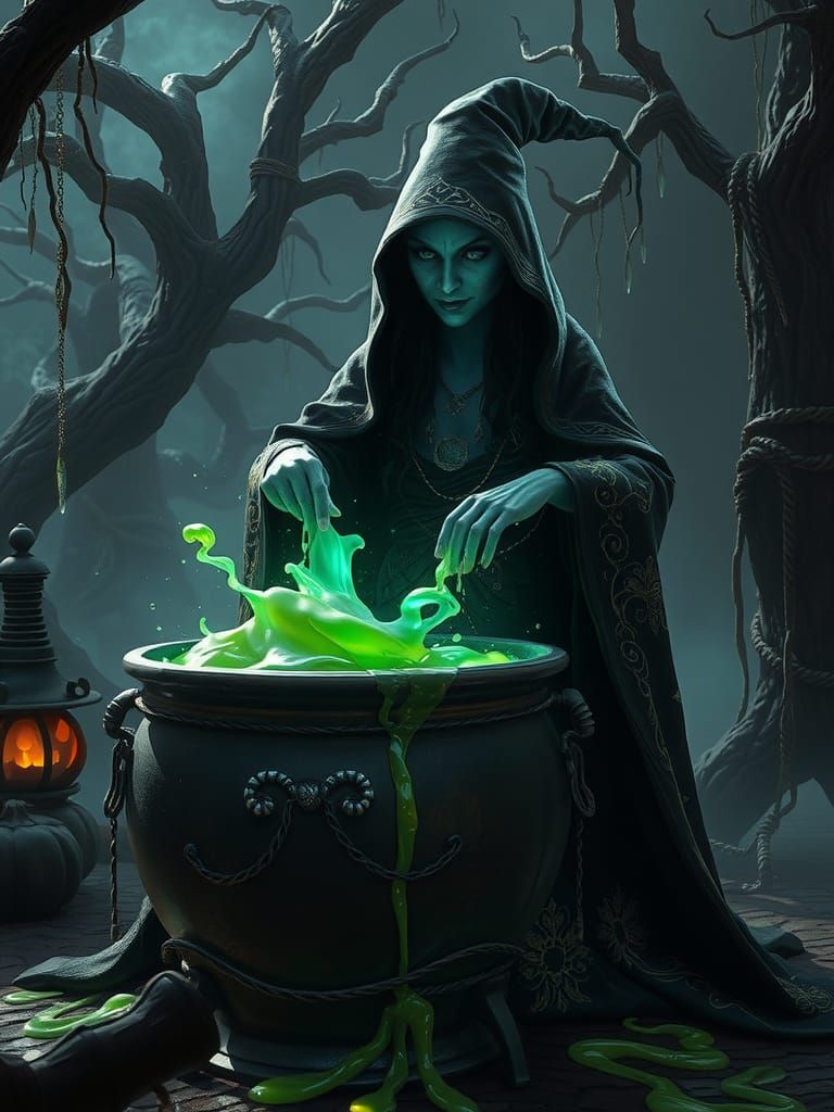 Enchanting Witch Brews Potion in Halloween Fantasy