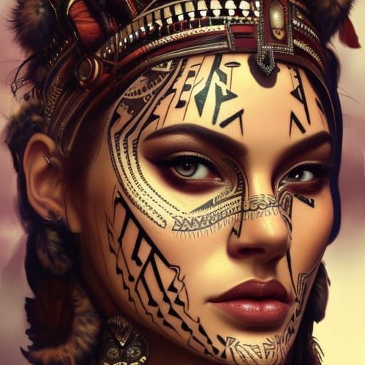 Aztec Tribal Queen Portrait in Hyperdetailed Style