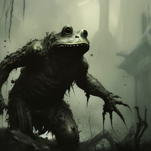 Monstrous Frog in Dark Bog, Detailed Fantasy Art