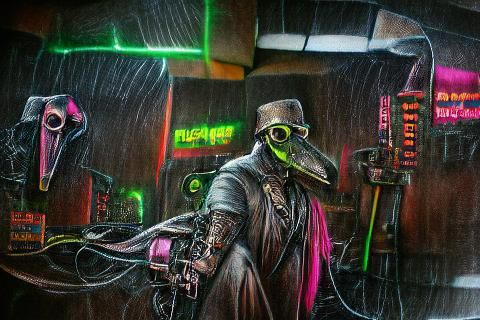 Cyberpunk Plague Doctor in Synthwave Neon Style