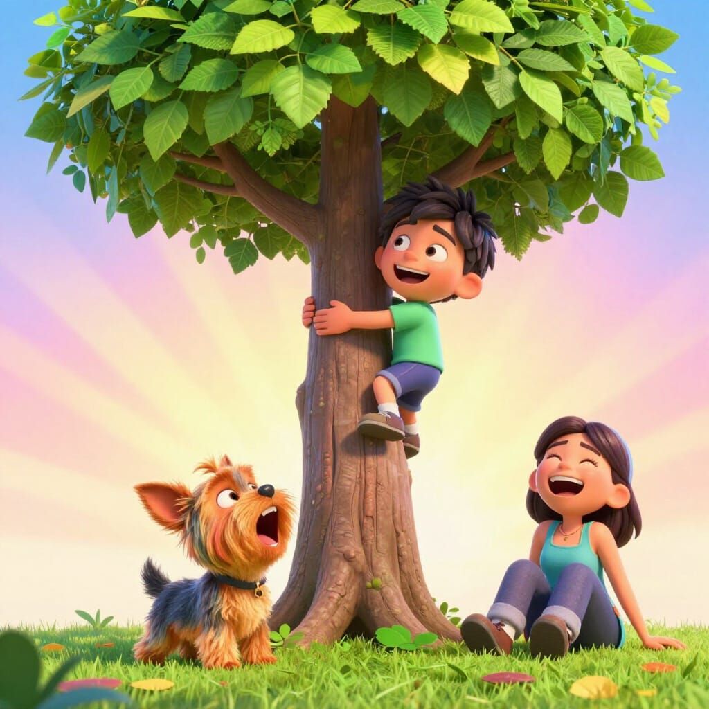 Child in Tree, Dog Barks Below in Pixar Style