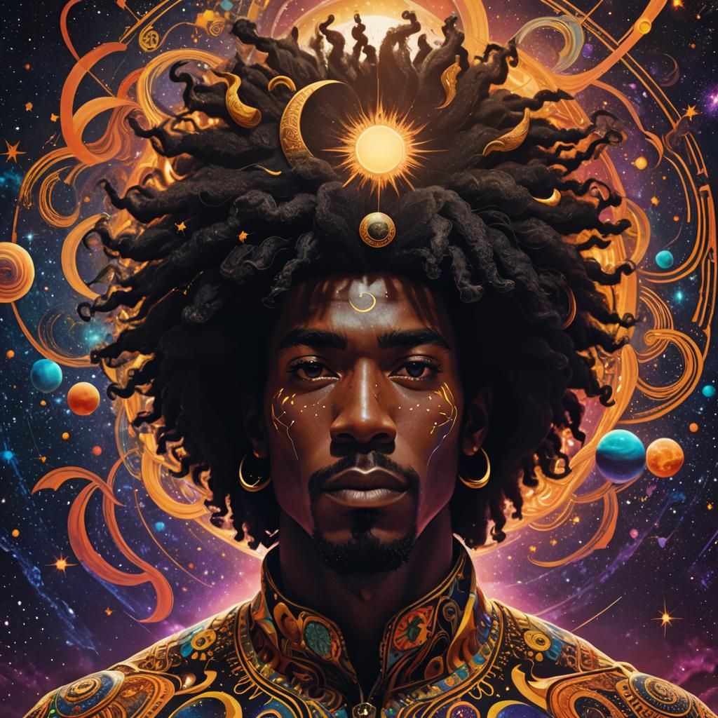 Psychedelic Afrofuturism Portrait with Celestial Emanations