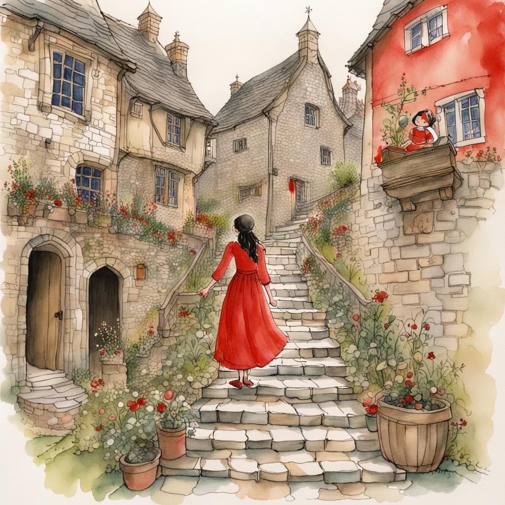 Medieval Maiden Climbing Floral Stairway: Storybook Illustra...