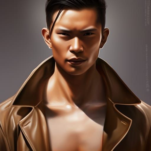 Tanned Asian Man in Trench Coat: Hyperrealistic Portrait