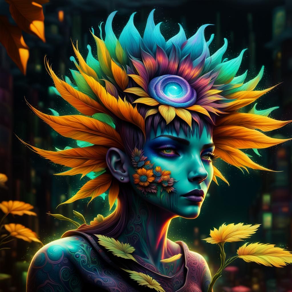 Futuristic Woman with Neon Tattoos in Splash Art