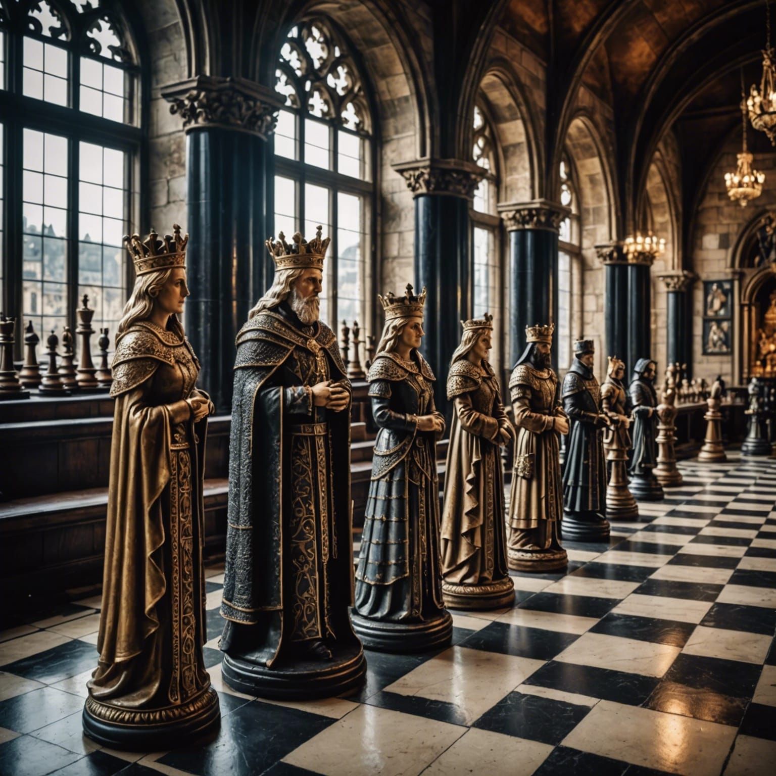 Hyperrealistic Chess Kingdom with Royal Figures
