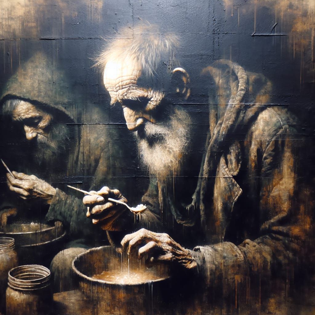 Melancholic Old Man's Supper: 19th-Century Inspired Painting