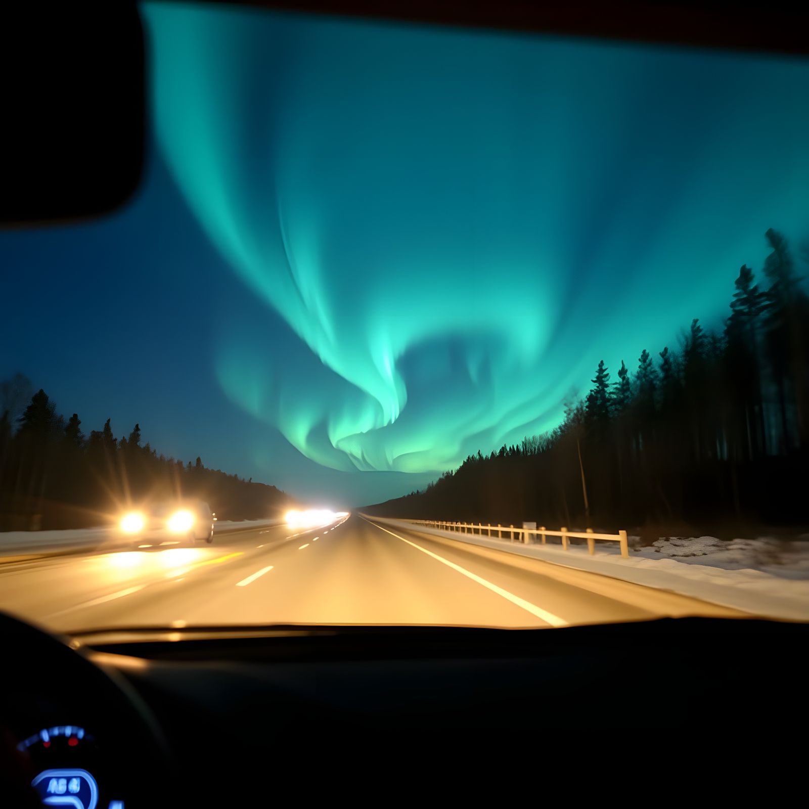 Aurora Borealis Over Highway at Night in Russia