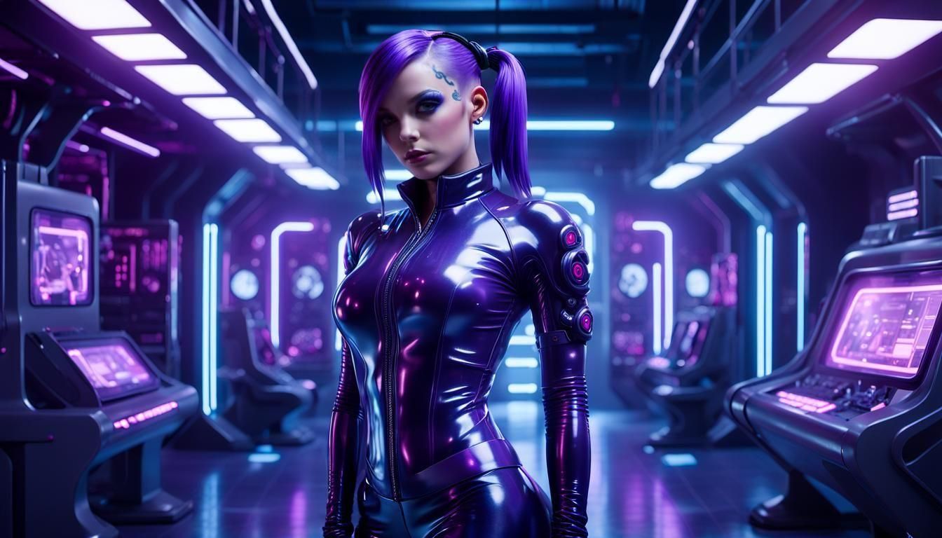 Cyberpunk Girl in purple Latex Suit