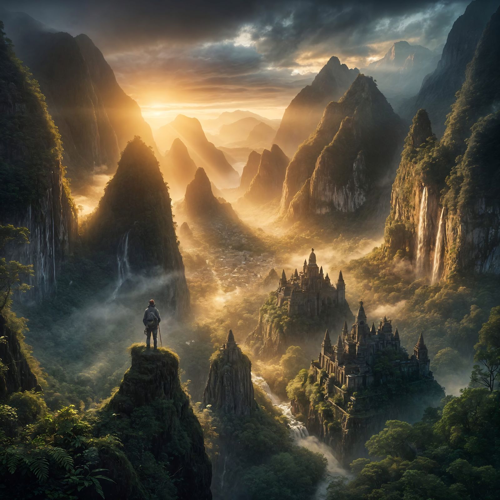 Explorer Gazes Over Ancient City in Misty Jungle Valley