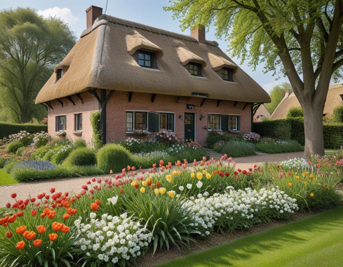 Charming North Frisian Thatched Cottage Amidst Vibrant Sprin...