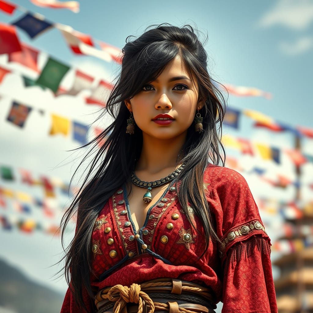 Striking Nepalese Woman Amidst Prayer Flags