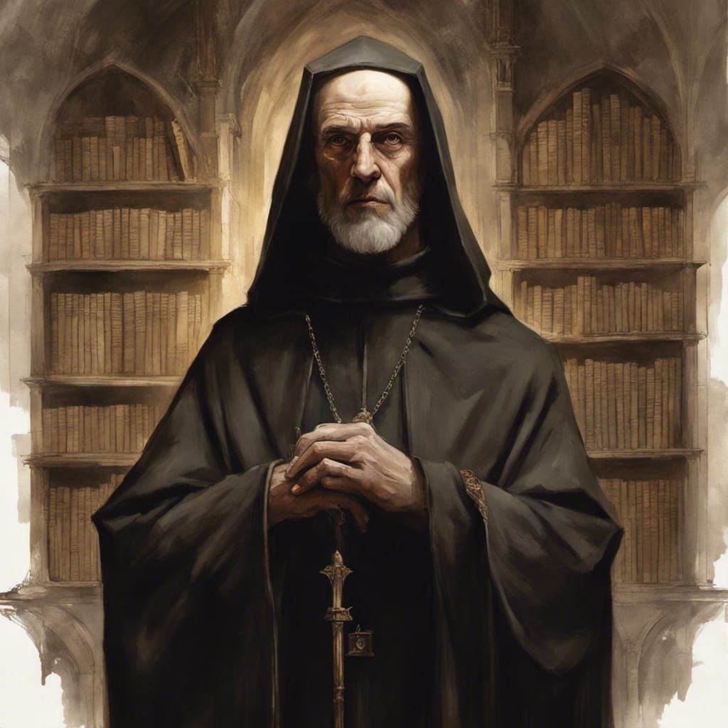 William of Ockham in Medieval Library, Photorealistic Portra...