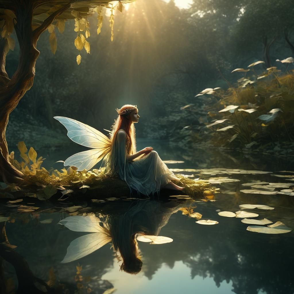 Solitary Fairy by a Pond in Golden Light