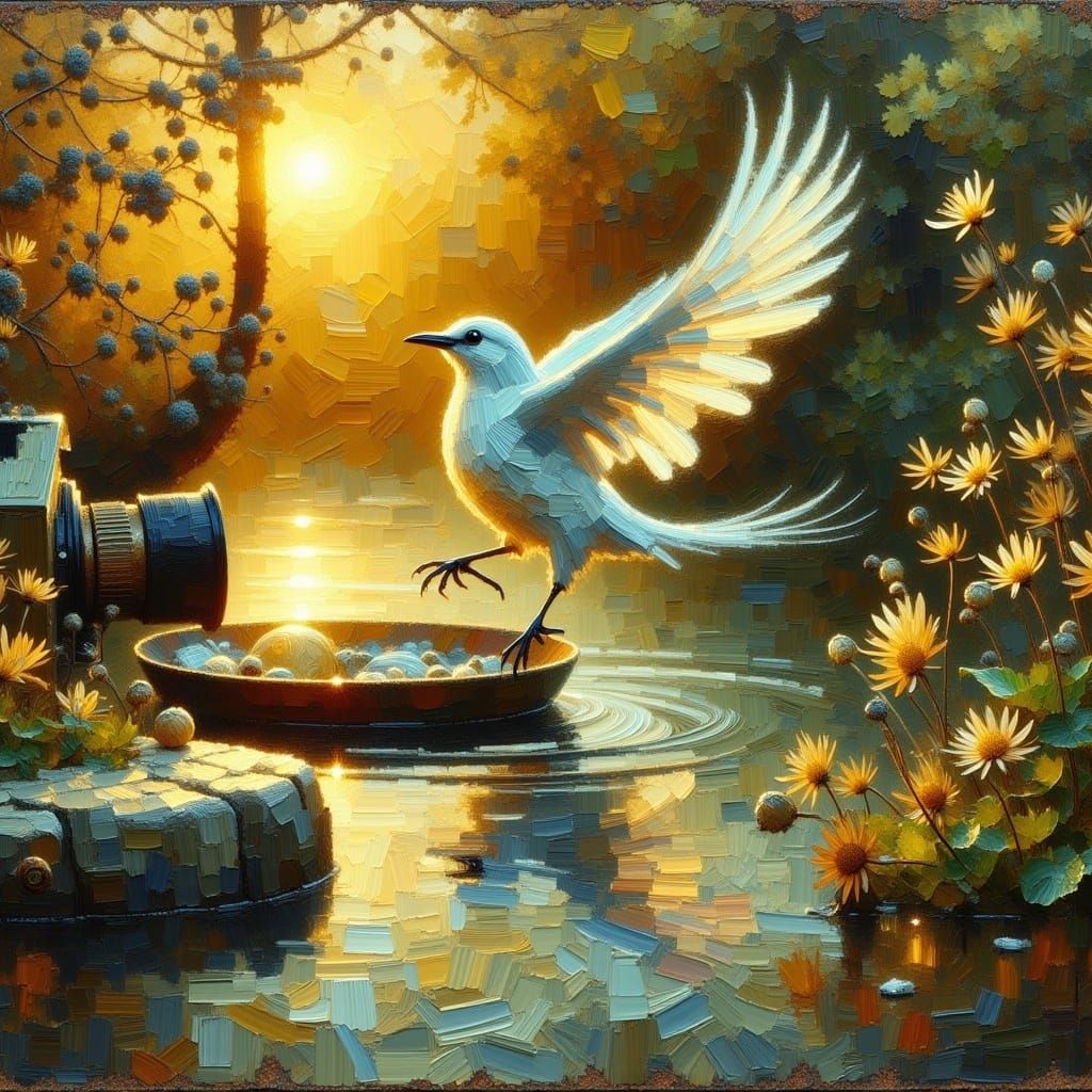 Bird Emerges from Vintage Camera in Dreamy Oil Painting