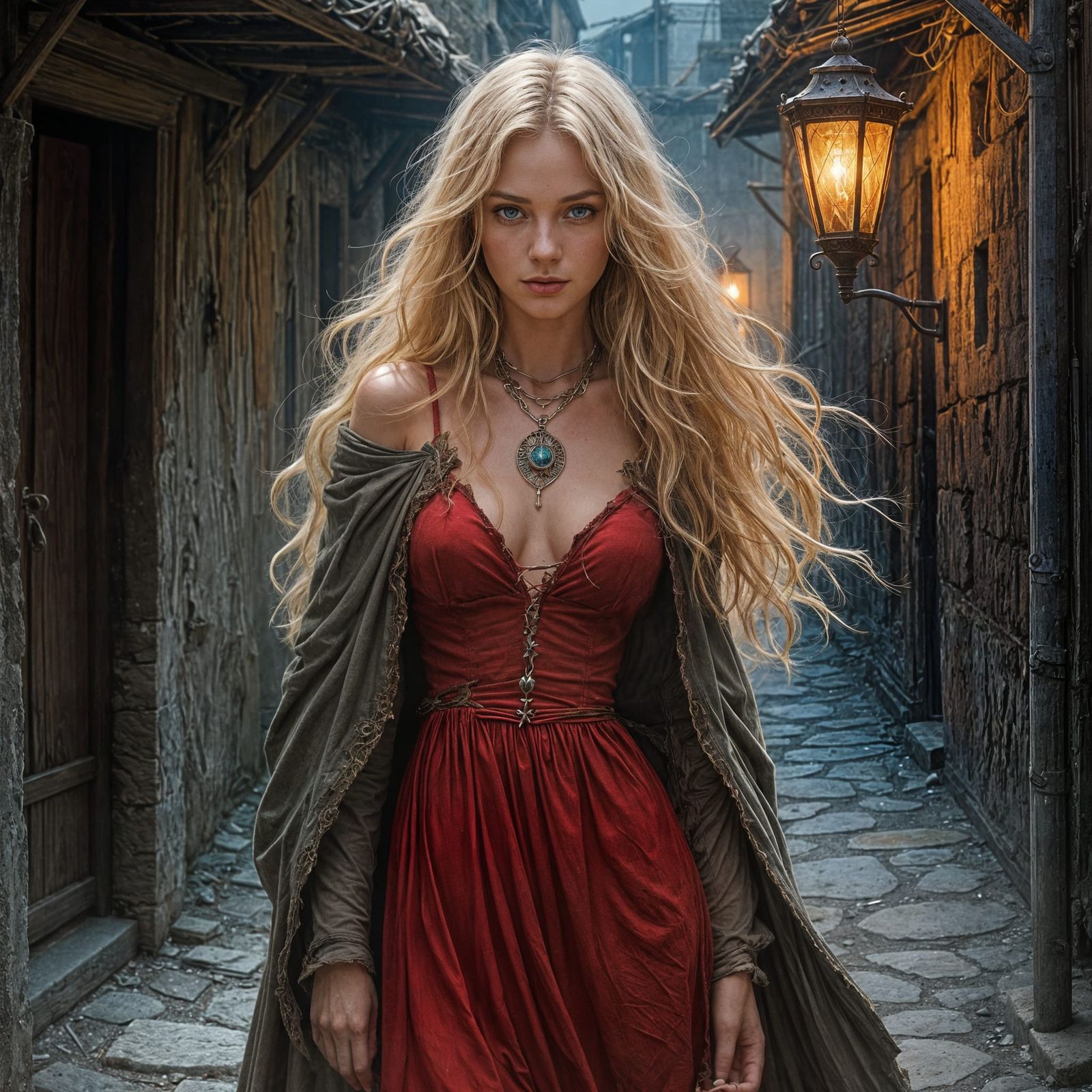 Cunning Blonde Woman in Medieval Slum Alley