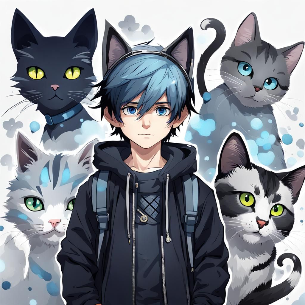 Boy with Cat Features and Blue Hair