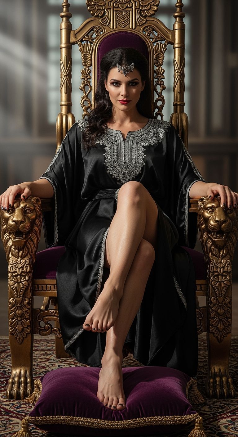 Seductive Sorceress on Golden Throne in Dramatic Light