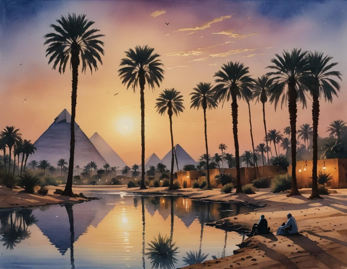 Serene Desert Oasis Watercolor Painting at Twilight