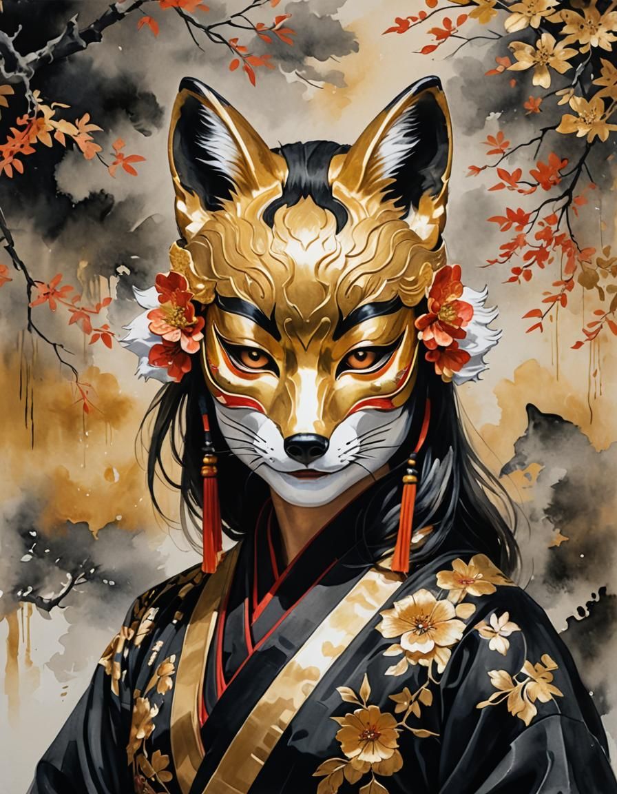 Fox Portrait with Kabuki Mask in Gouache Style